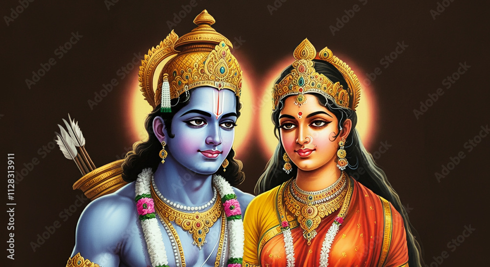 Obraz premium A beautiful portrayal of Lord Rama and Goddess Sita adorned in golden attire, symbolizing devotion and sacred connection