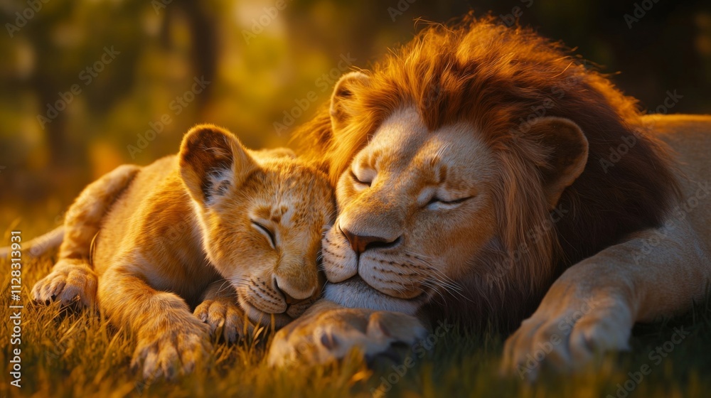 Naklejka premium Lion and Cub Resting Peacefully Together In Golden Light