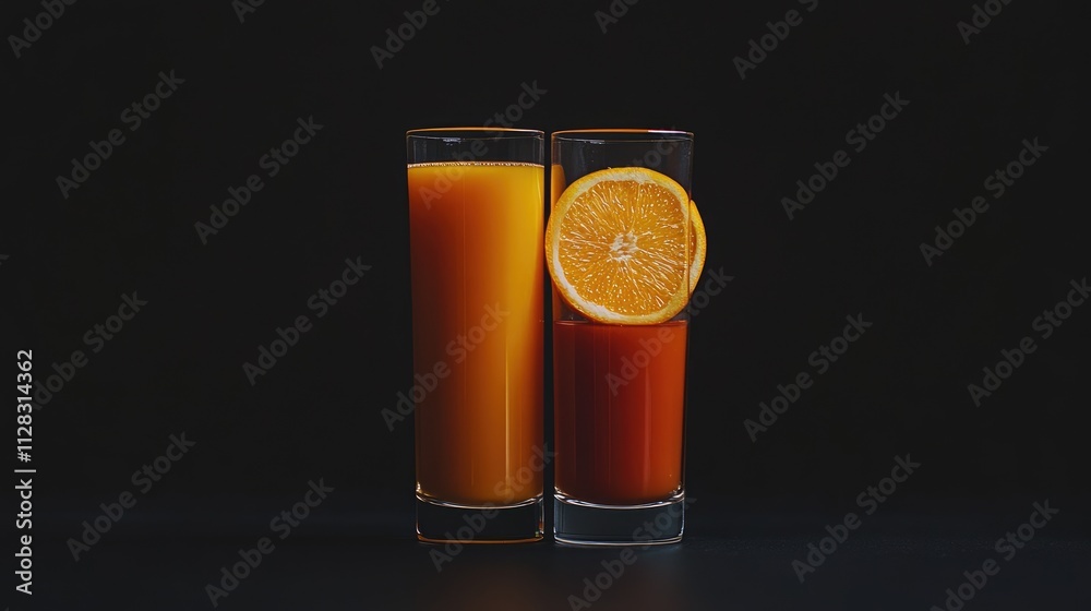 Fresh Orange Juice and Tomato Juice in Glass Cups on Black Background