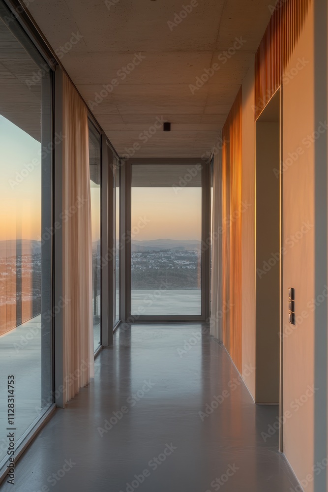 Fototapeta premium Tranquil Corridor with Panoramic Views at Sunset