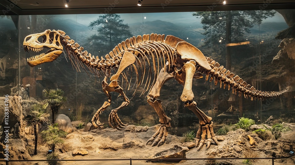 A Fossilized Dinosaur Skeleton on Display in a Museum A Fossilized Dinosaur Skeleton on Display in a Museum