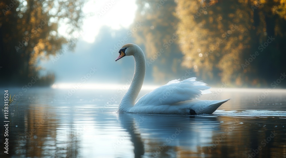 Graceful White Swan Gliding on Misty Lake at Sunrise
Graceful White Swan Gliding on Misty Lake at Sunrise