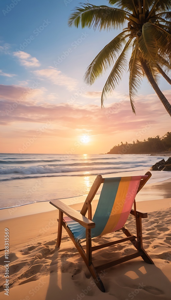 Obraz premium Tropical Beach Sunset with Beach Chair. Generative AI
