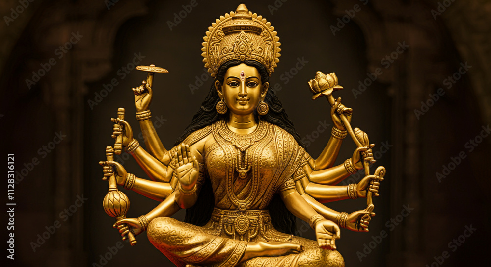 A golden statue of Goddess Durga in a serene posture with multiple arms, showcasing intricate carvings and divine elegance against a warm, golden-lit background A golden statue of Goddess Durga in a serene posture with multiple arms, showcasing intricate carvings and divine elegance against a warm, golden-lit background