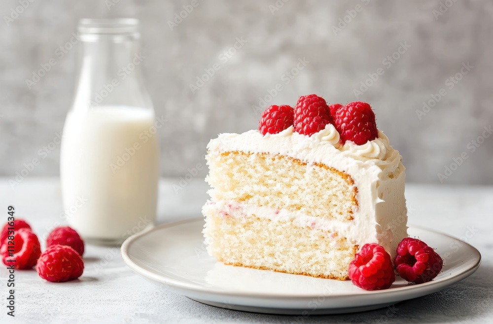 Freshly Baked White Cake Layered with Creamy Frosting and Topped with Juicy Raspberries Served with a Glass of Milk on a Light Background