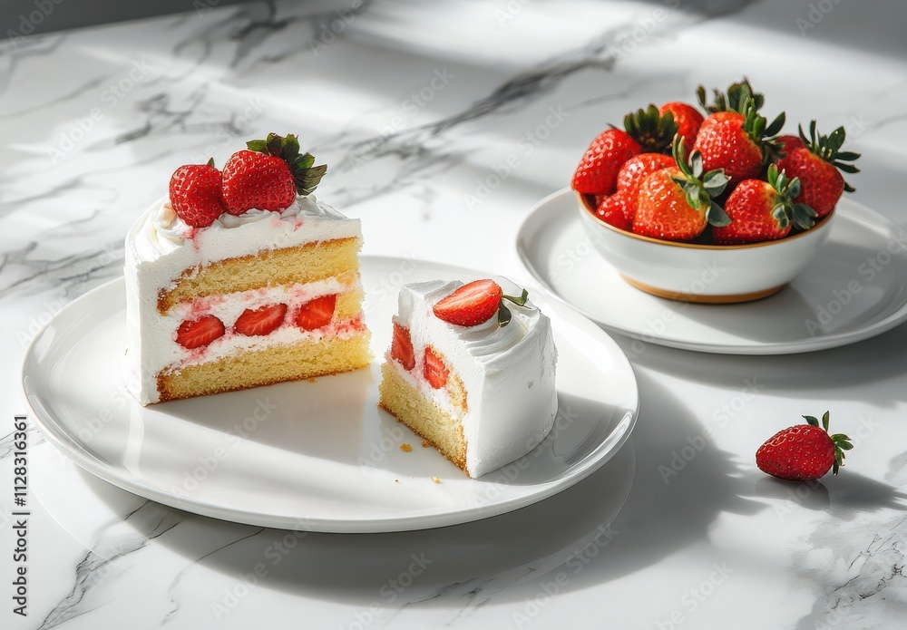 Freshly Baked Vanilla Strawberry Cake with Whipped Cream Topped with Strawberries Near a Bowl of Juicy Strawberries on a Marble Surface Freshly Baked Vanilla Strawberry Cake with Whipped Cream Topped with Strawberries Near a Bowl of Juicy Strawberries on a Marble Surface