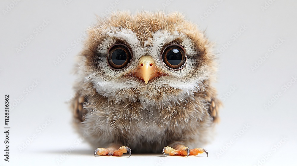 Fluffy baby owl wide curious eyes exuding an air of wonder isolated on a clean white background Fluffy baby owl wide curious eyes exuding an air of wonder isolated on a clean white background