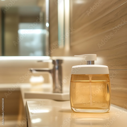 Hand soap dispenser close-up modern bathroom product photography hygienic environment minimalist viewpoint clean living photo