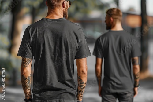 Two Men Wearing Dark Grey T Shirts Outdoors