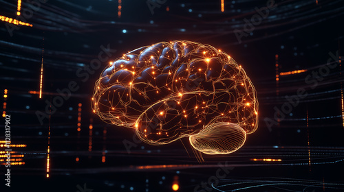 human brain illustration 3d render, glowing lines, technology background, generative ai