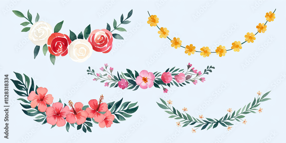Naklejka premium Watercolor Floral Arrangements Roses Hibiscus Yellow Flowers Wedding Invitation Design