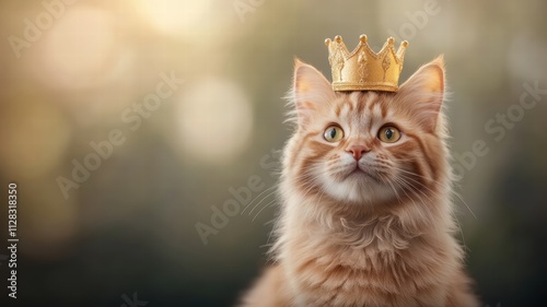 Long-haired ginger cat in a golden crown with a serene blurred background, symbolizing royal grace and beauty