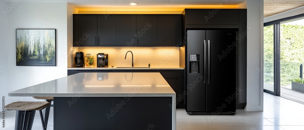 modern kitchen with sleek black appliances and minimalist design