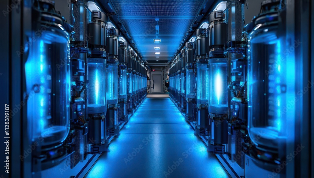 Futuristic Data Center Corridor with Glowing Blue Lights and High-Tech Equipment for Advanced Computing and Data Processing Solutions Futuristic Data Center Corridor with Glowing Blue Lights and High-Tech Equipment for Advanced Computing and Data Processing Solutions