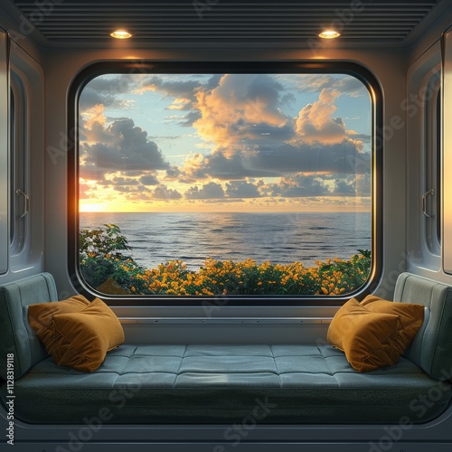 Cozy Contemporary Train Interior with Panoramic Sunset Ocean View Through Large Window and Lush Coastal Landscapetrain interior