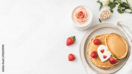 Beautifully styled Valentine s breakfast tray with heart shaped pancakes fresh strawberries and a single rose as the centerpiece creating a romantic homemade atmosphere photo