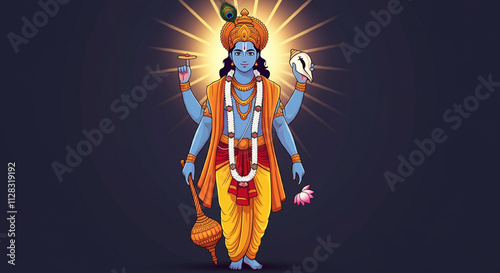 Divine artwork of Lord Vishnu standing gracefully with four arms holding sacred objects, radiating cosmic light and divine energy