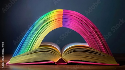 An open book with pages forming a rainbow, Representing the inclusion of diverse narratives and stories, minimalistic style photo