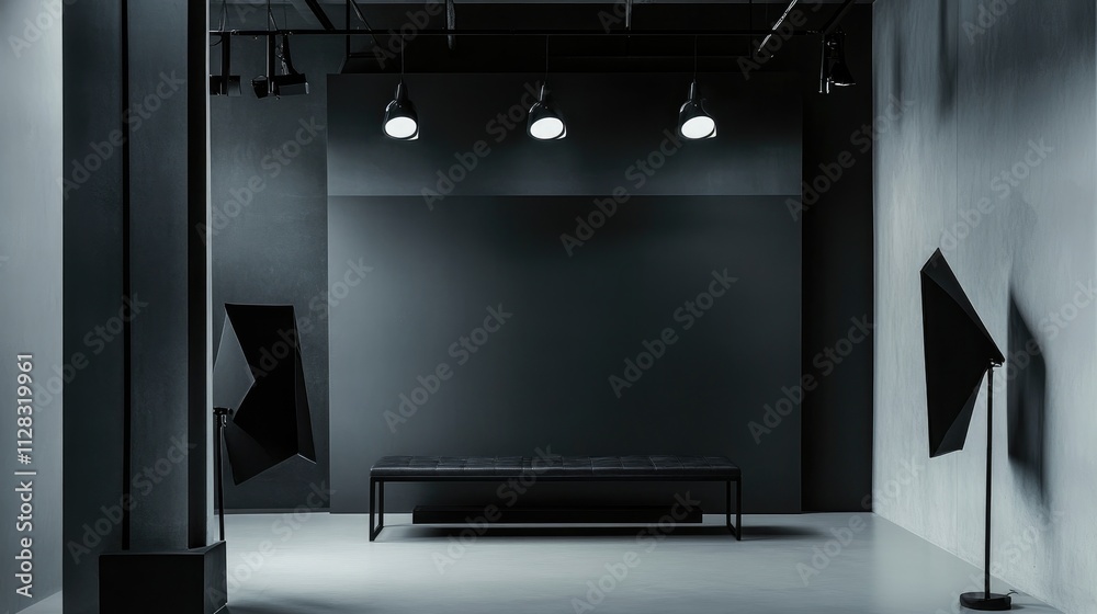 A minimalist studio space featuring a dark backdrop and professional lighting equipment. A minimalist studio space featuring a dark backdrop and professional lighting equipment.