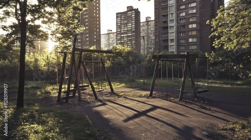 An overgrown playground with rusted swings and cracked pavement, surrounded by high-rise buildings casting long shadows, Symbolizing the neglect of urban youth amidst modernization photo