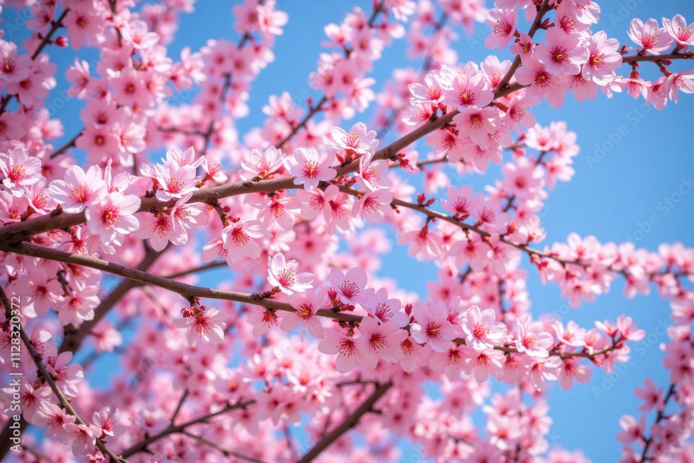 Blooming cherry blossom tree pink flowers branches blue sky beauty Blooming cherry blossom tree pink flowers branches blue sky beauty
