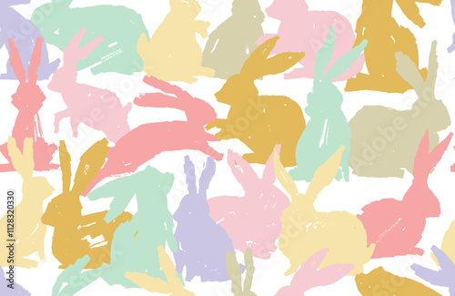 Seamless pattern with pastel watercolor brush stroke rabbits, hand drawn isolated on a white background. Pastel rabbit animal seamless print, repeat background, cute spring easter hare surface design.