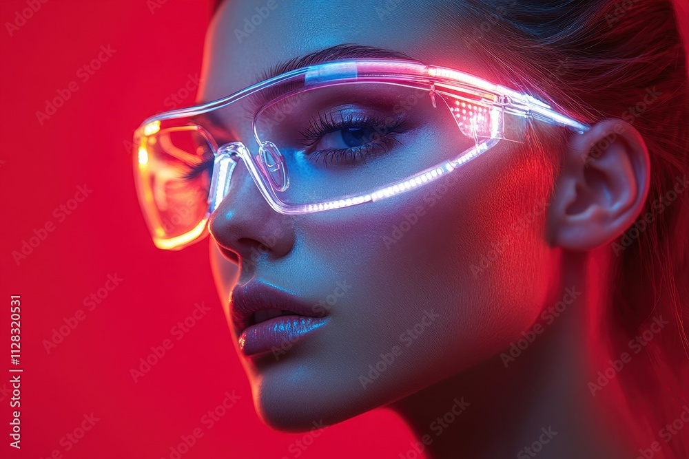 Fashion model in futuristic eyewear posing stylishly in a high-tech atmosphere. Fashion model in futuristic eyewear posing stylishly in a high-tech atmosphere.