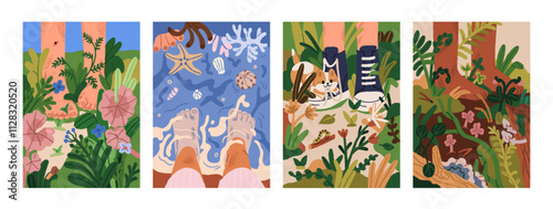 Bare feet in nature, cards set. Walking on foot on grass, flowers, plants, field and standing in sea water. Barefoot outdoors and legs in sneakers on summer holiday. Flat graphic vector illustration