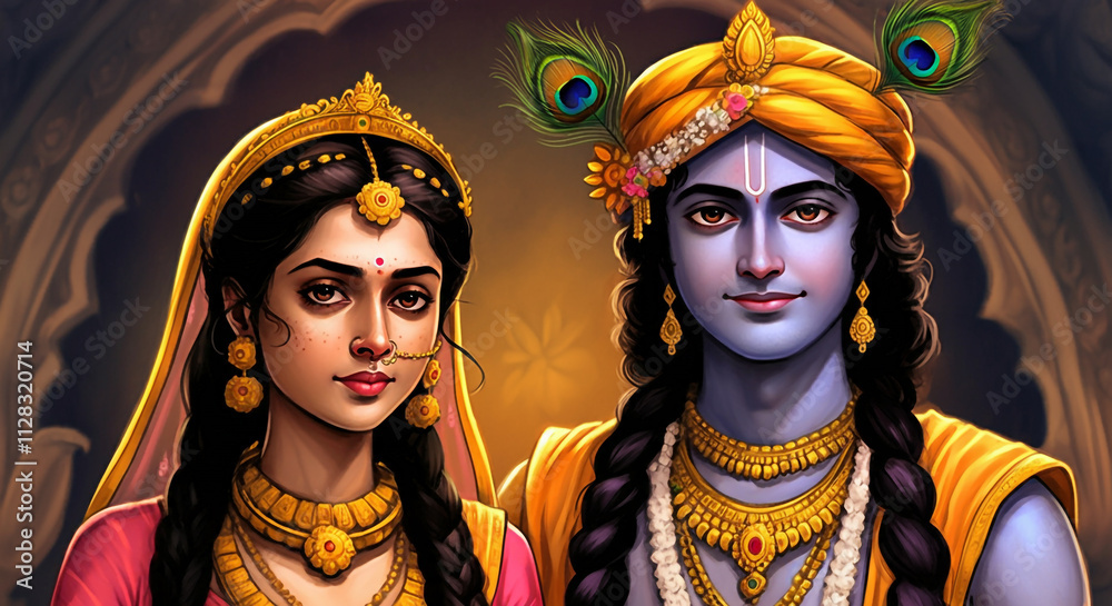 Fototapeta premium legant portrayal of Radha and Krishna together, with Krishna playing the flute and Radha adorned in traditional attire, symbolizing divine love