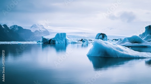 Climate change urgency conveyed by melting glaciers framed against a backdrop of polar ice caps, photography style, photo of photo