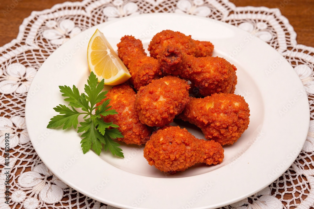 Fried chicken pieces plate garnish lemon ceramic lace Fried chicken pieces plate garnish lemon ceramic lace