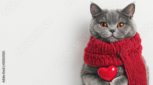 Playful cat wearing a cozy red scarf holding a single heart shaped balloon in a soft pastel colored hand drawn on a white background  This charming photo