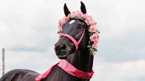 Majestic and elegant horse wearing a vibrant red sash and holding a beautiful wreath of pink roses captured in a full body portrait against a clean white background photo