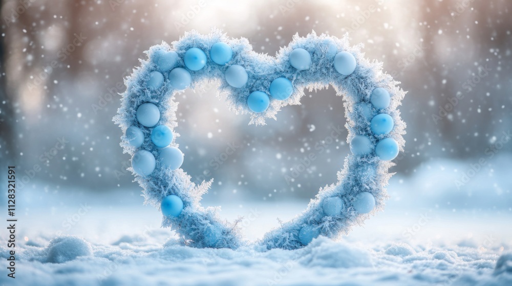 Naklejka premium Frosty Heart Shaped Wreath With Blue Ornaments In Winter Snow