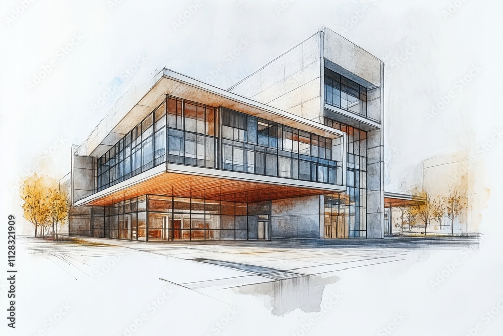 Modern Architectural Design: A stunning watercolor rendering of a contemporary commercial building, showcasing clean lines, expansive windows, and a sophisticated aesthetic. Modern Architectural Design: A stunning watercolor rendering of a contemporary commercial building, showcasing clean lines, expansive windows, and a sophisticated aesthetic.