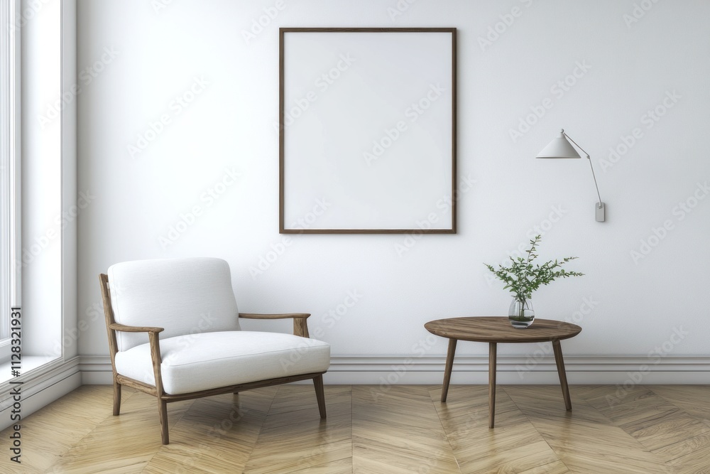 Minimalist white armchair and side table with blank frame in a bright room. Minimalist white armchair and side table with blank frame in a bright room.
