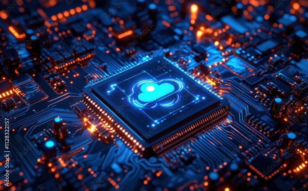 Futuristic Technology Concept Illustrating Cloud Computing with a Central Circuit Board and Luminous Elements in a Dark Environment Futuristic Technology Concept Illustrating Cloud Computing with a Central Circuit Board and Luminous Elements in a Dark Environment