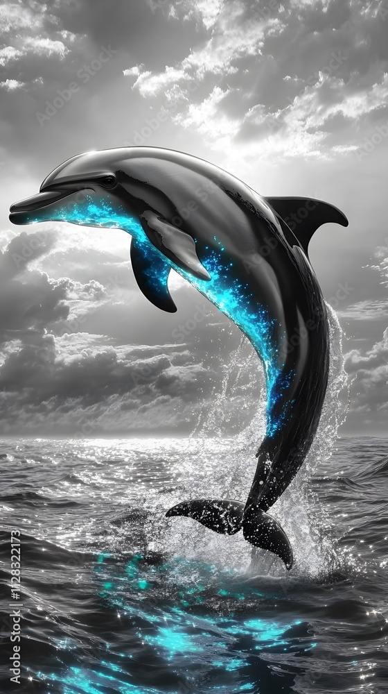 Obraz premium A grayscale ocean scene with a pod of dolphins leaping from the water, and one dolphin glowing in vibrant shades of blue and silver as the sunlight catches its body