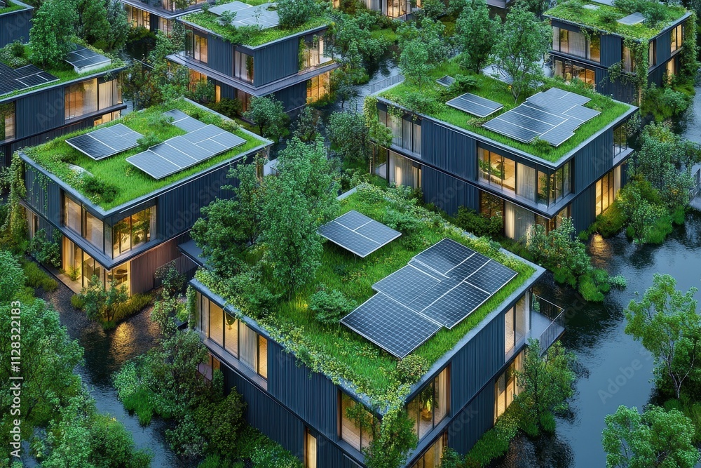 Eco-friendly housing complex with green roofs and solar panels. Illustrates sustainable, flood-resistant urban design. Eco-friendly housing complex with green roofs and solar panels. Illustrates sustainable, flood-resistant urban design.