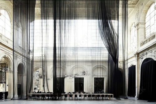 Black Curtains Drape an Interior Architectural Space photo