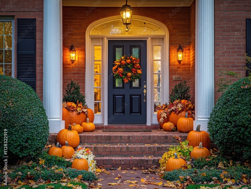 Obraz premium beautiful autumn porch decorated with pumpkins and fall foliage