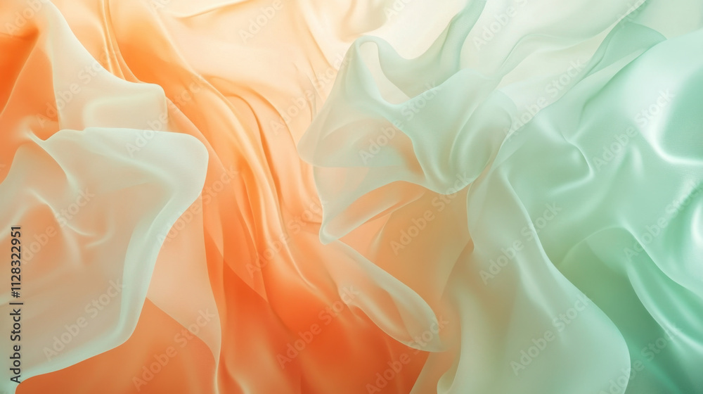 Obraz premium bright abstract wallpaper featuring light orange and mint green flowing fabric textures, creating soft and dreamy atmosphere