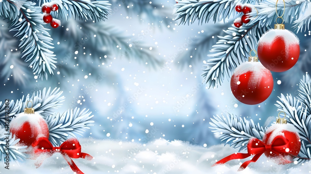 A festive winter scene with snow, pine branches, red ornaments, and ribbons. A festive winter scene with snow, pine branches, red ornaments, and ribbons.