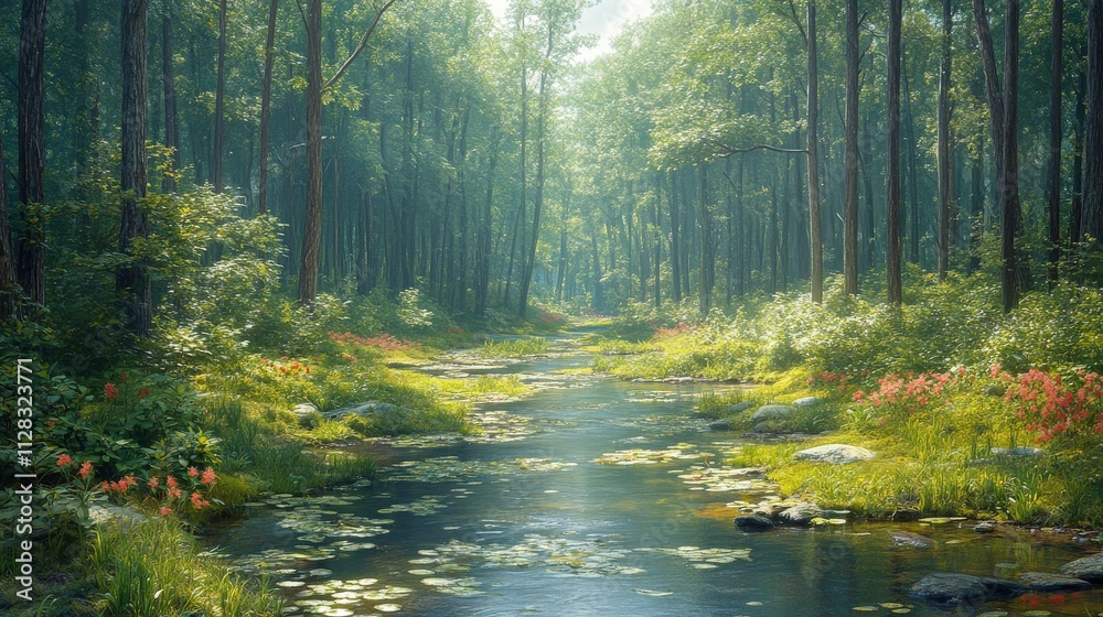 Obraz premium Tranquil Forest Stream Surrounded by Lush Greenery and Wildflowers in a Sunlit Woodland Landscape Ideal for Nature Photography and Scenic Illustrations