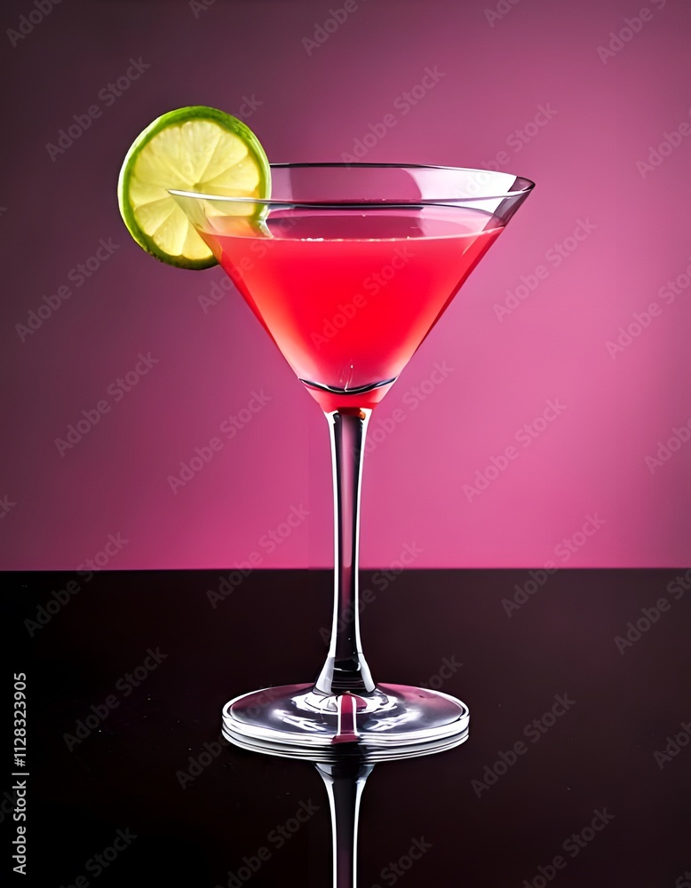 A cosmopolitan cocktail in a martini glass with a pink hue, garnished with a lime twist, set on a mirrored surface. A cosmopolitan cocktail in a martini glass with a pink hue, garnished with a lime twist, set on a mirrored surface.