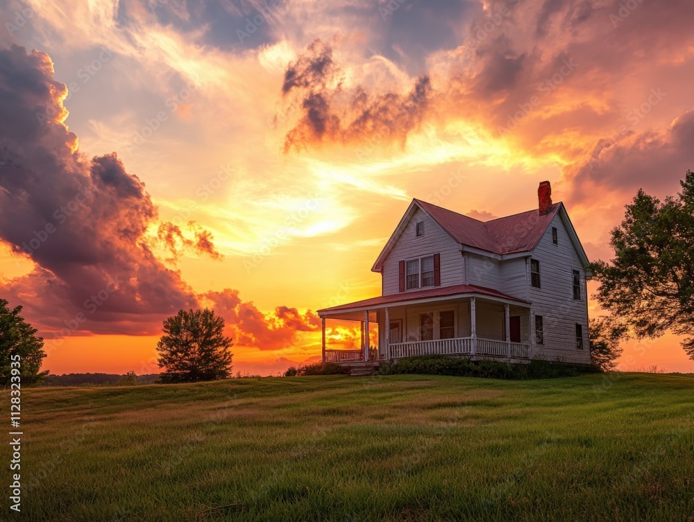 beautiful sunset over a charming house in a serene landscape beautiful sunset over a charming house in a serene landscape