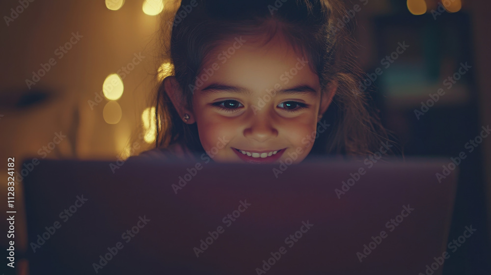 Smiling girl using laptop in cozy room with warm lights, enjoying her time online Smiling girl using laptop in cozy room with warm lights, enjoying her time online