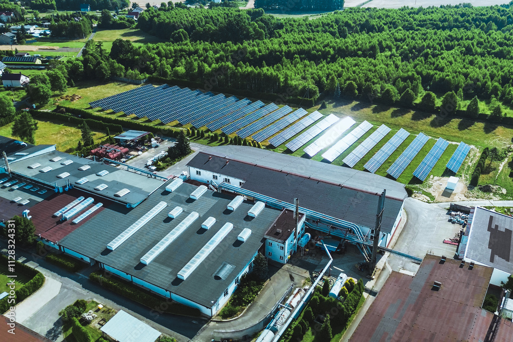 Obraz premium Sunlit solar panel field powering rural infrastructure