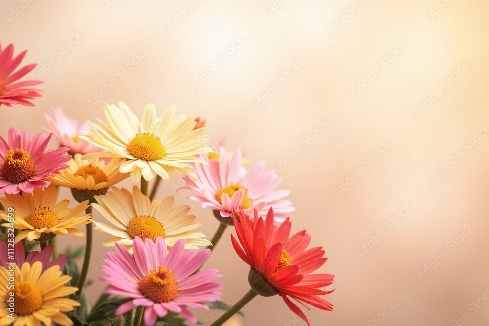 Vibrant floral arrangement daisies pink yellow red sunlit gradient Vibrant floral arrangement daisies pink yellow red sunlit gradient