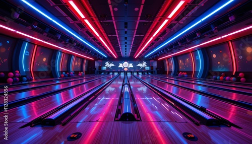 Bowling alley with bright neon light background photo